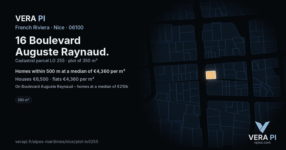 16 Boulevard Auguste Raynaud, Nice at night – the plot lit, the parcels around coloured by the prices near them