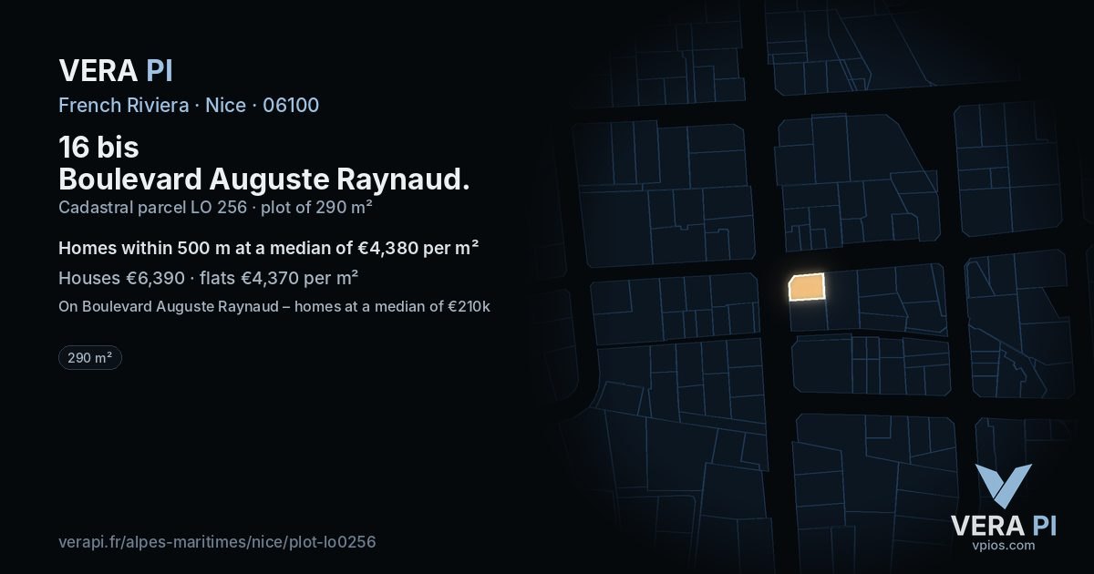 16 bis Boulevard Auguste Raynaud, Nice at night – the plot lit, the parcels around coloured by the prices near them