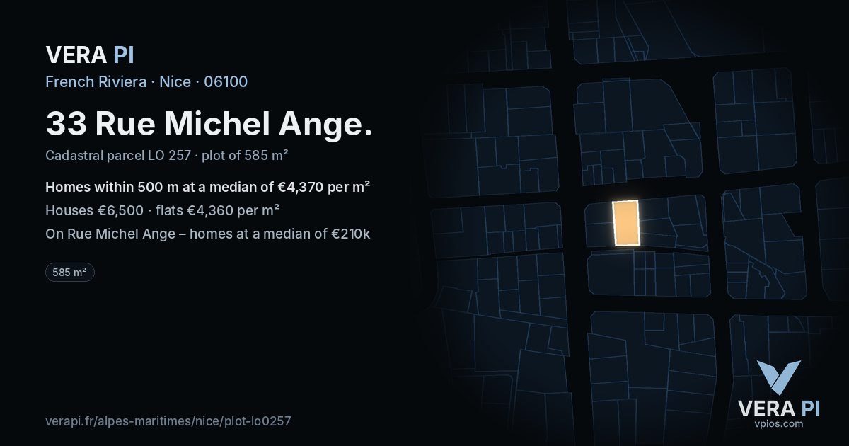 33 Rue Michel Ange, Nice at night – the plot lit, the parcels around coloured by the prices near them