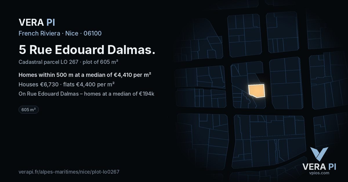 5 Rue Edouard Dalmas, Nice at night – the plot lit, the parcels around coloured by the prices near them