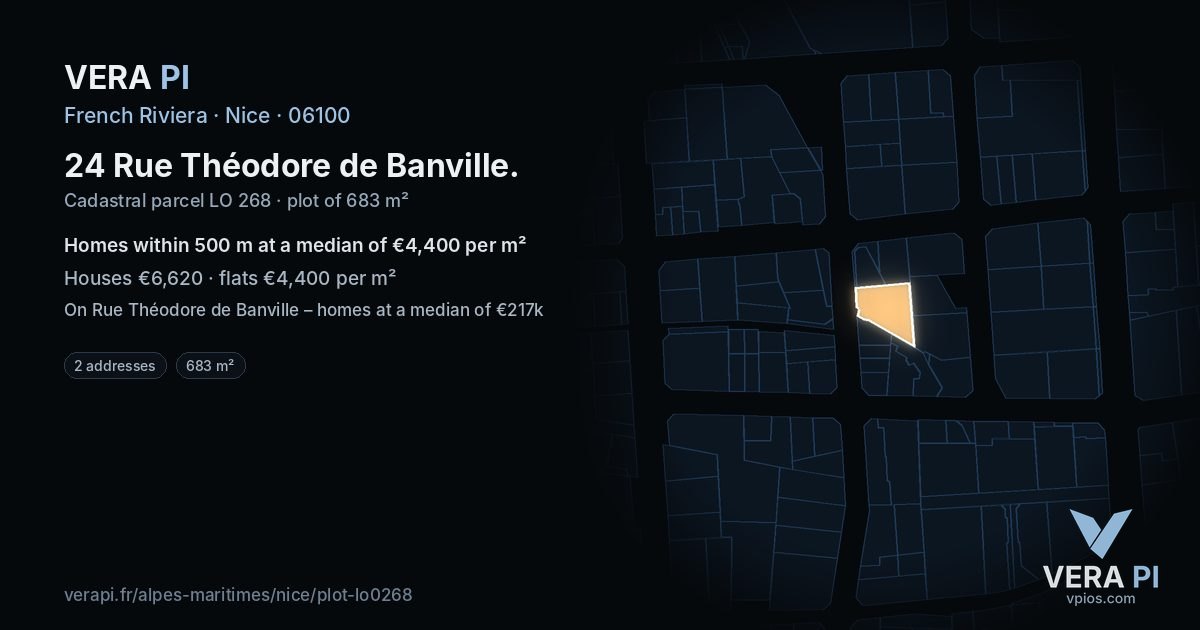 24 Rue Théodore de Banville, Nice at night – the plot lit, the parcels around coloured by the prices near them