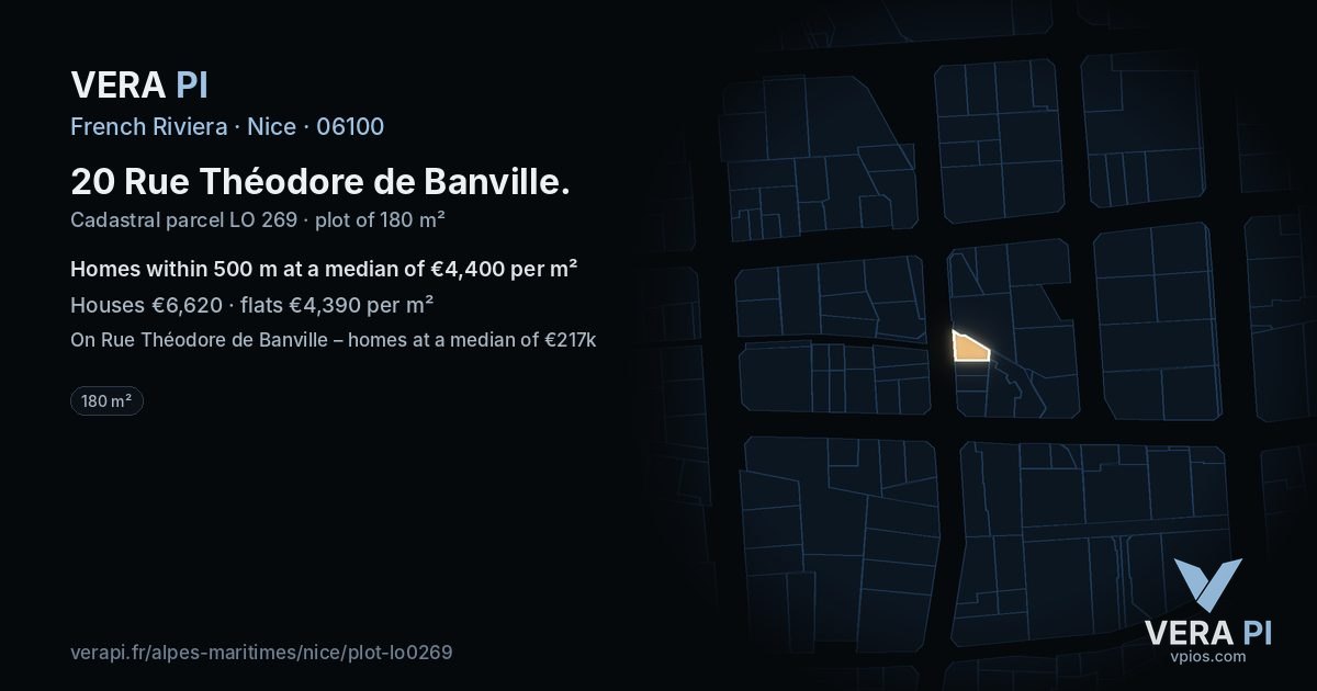 20 Rue Théodore de Banville, Nice at night – the plot lit, the parcels around coloured by the prices near them
