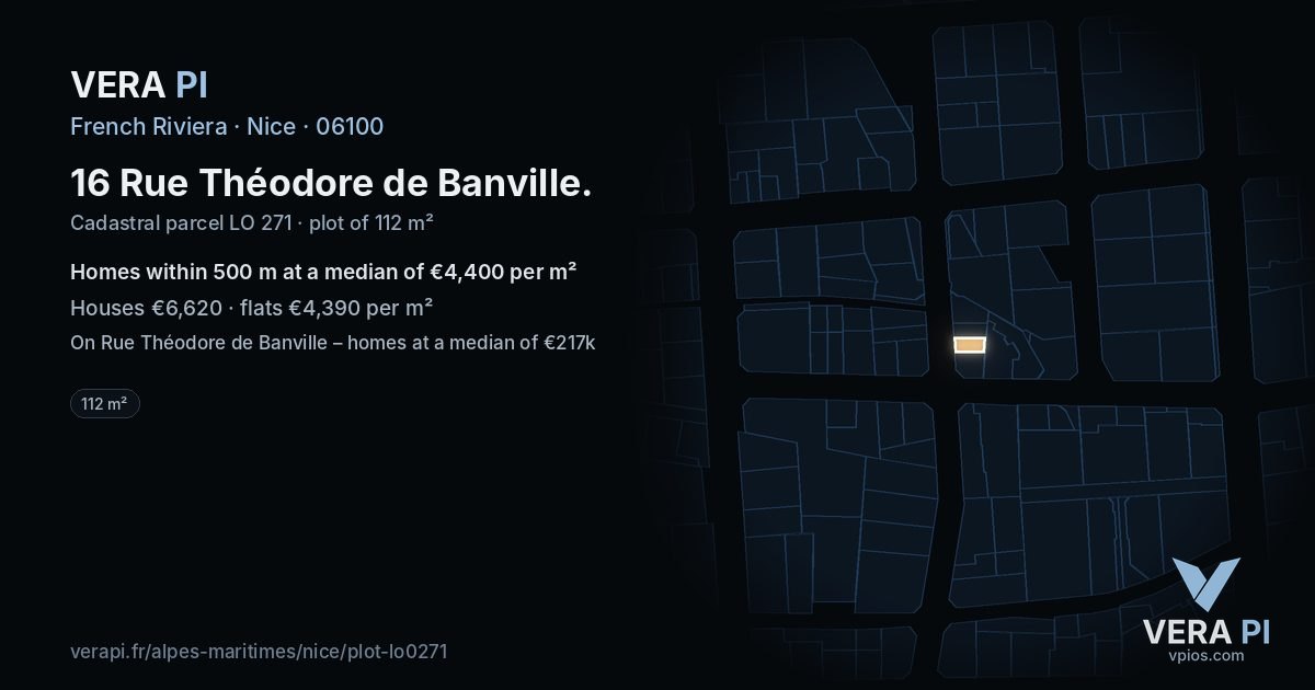 16 Rue Théodore de Banville, Nice at night – the plot lit, the parcels around coloured by the prices near them