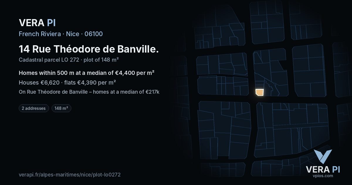 14 Rue Théodore de Banville, Nice at night – the plot lit, the parcels around coloured by the prices near them