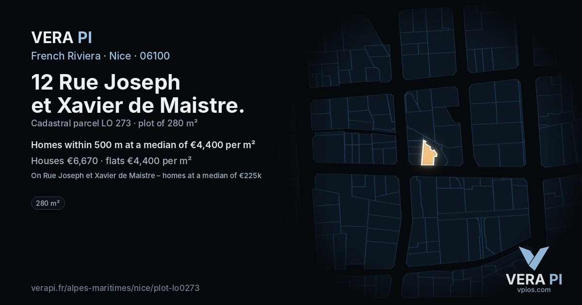 12 Rue Joseph et Xavier de Maistre, Nice at night – the plot lit, the parcels around coloured by the prices near them