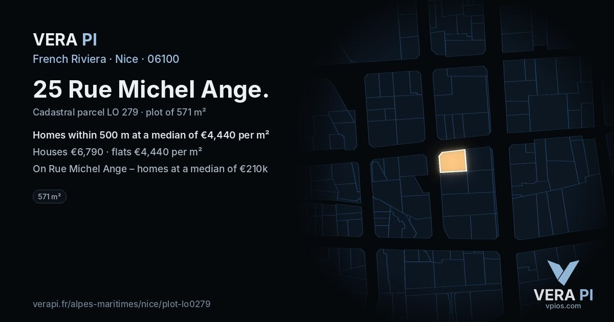 25 Rue Michel Ange, Nice at night – the plot lit, the parcels around coloured by the prices near them