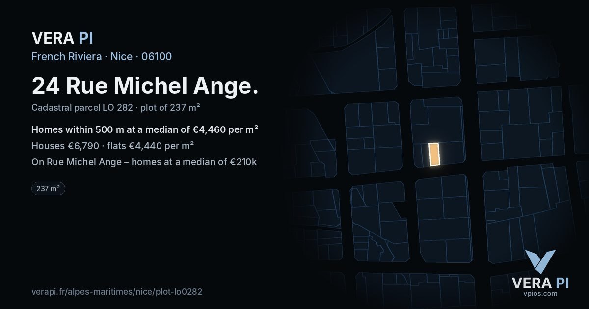 24 Rue Michel Ange, Nice at night – the plot lit, the parcels around coloured by the prices near them