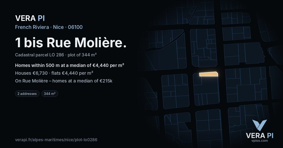 1 bis Rue Molière, Nice at night – the plot lit, the parcels around coloured by the prices near them