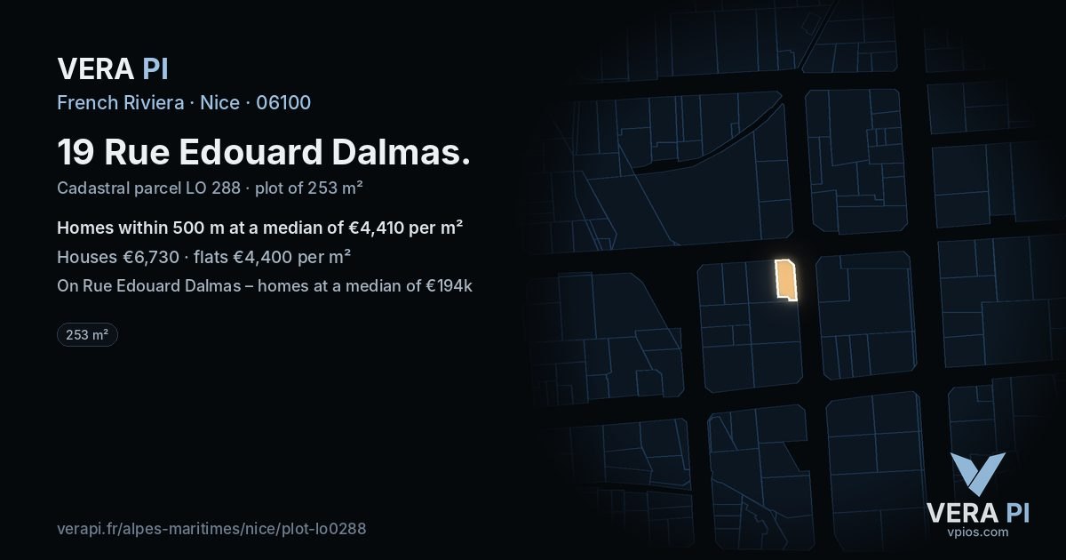 19 Rue Edouard Dalmas, Nice at night – the plot lit, the parcels around coloured by the prices near them