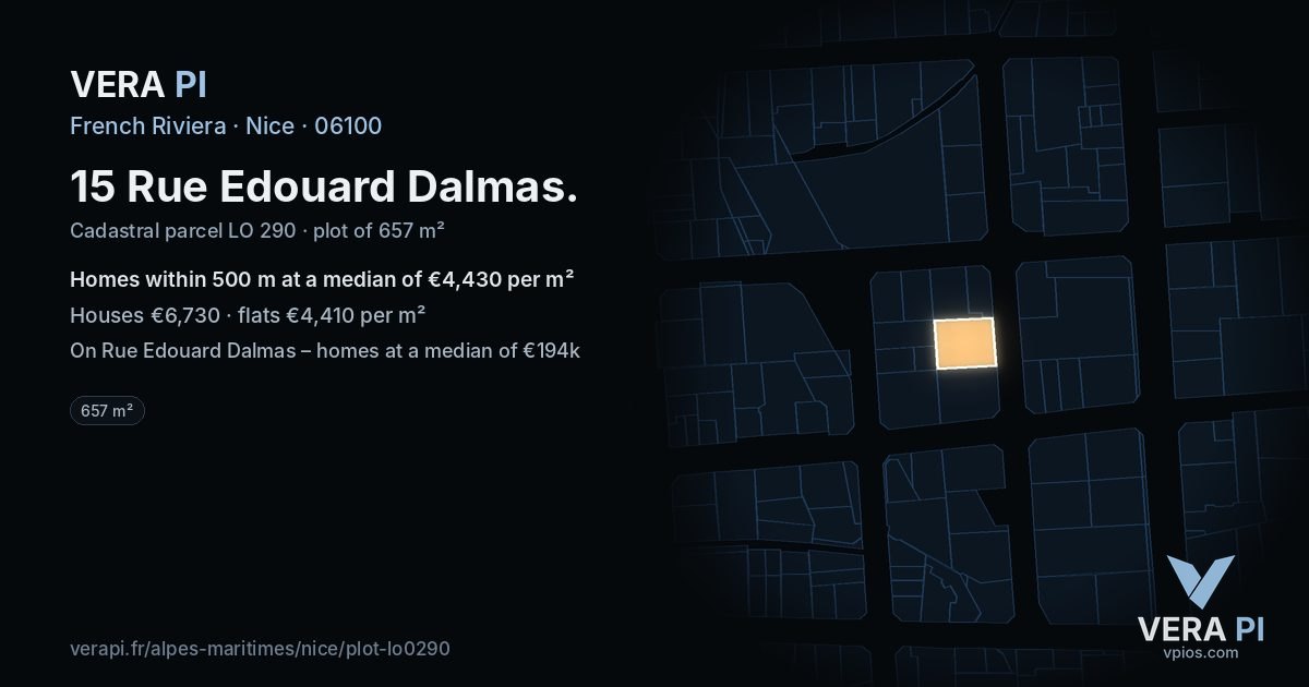 15 Rue Edouard Dalmas, Nice at night – the plot lit, the parcels around coloured by the prices near them