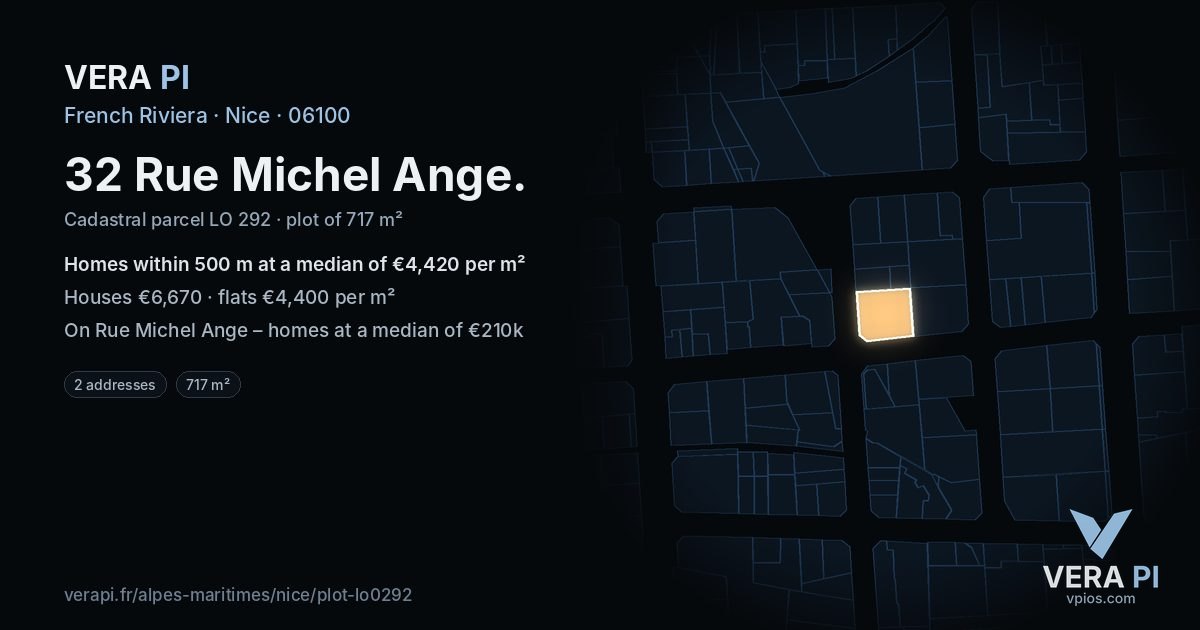 32 Rue Michel Ange, Nice at night – the plot lit, the parcels around coloured by the prices near them