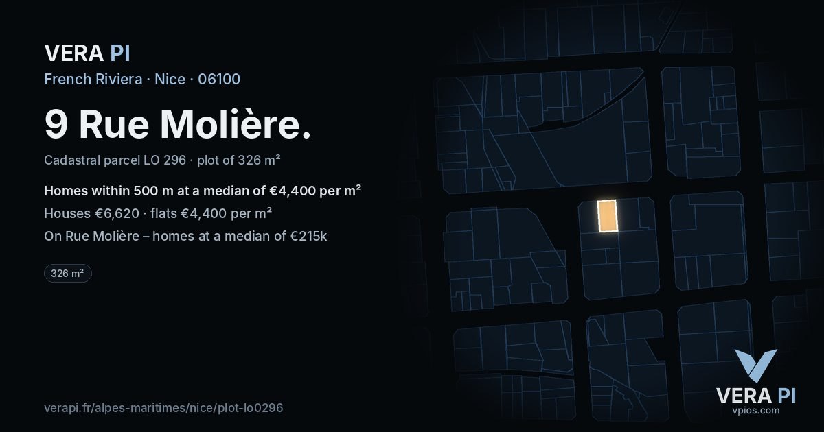 9 Rue Molière, Nice at night – the plot lit, the parcels around coloured by the prices near them