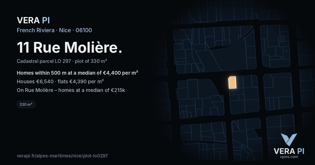 11 Rue Molière, Nice at night – the plot lit, the parcels around coloured by the prices near them