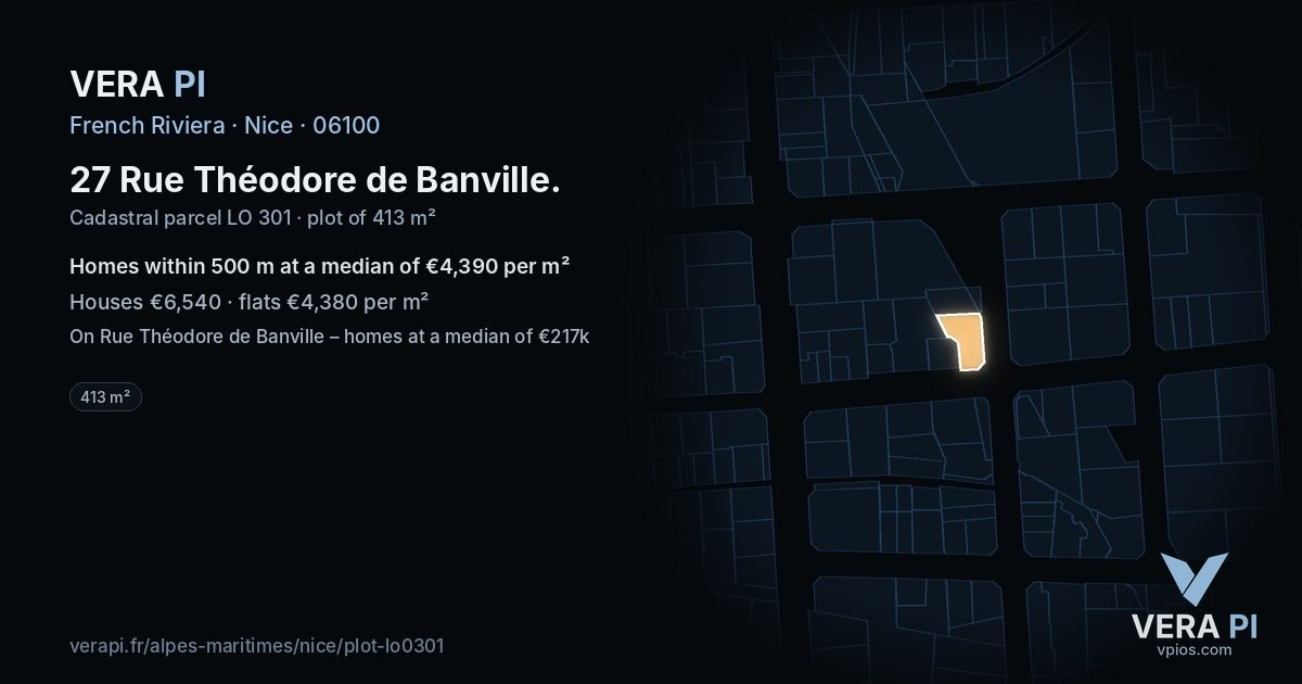 27 Rue Théodore de Banville, Nice at night – the plot lit, the parcels around coloured by the prices near them