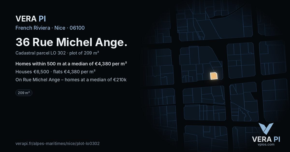 36 Rue Michel Ange, Nice at night – the plot lit, the parcels around coloured by the prices near them