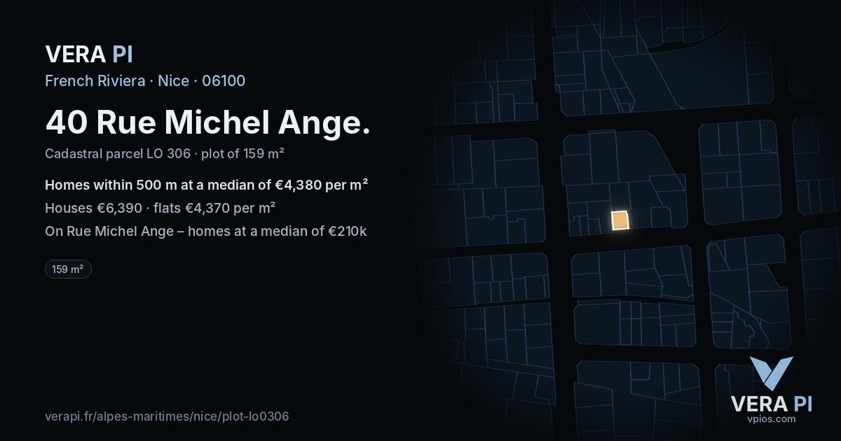 40 Rue Michel Ange, Nice at night – the plot lit, the parcels around coloured by the prices near them