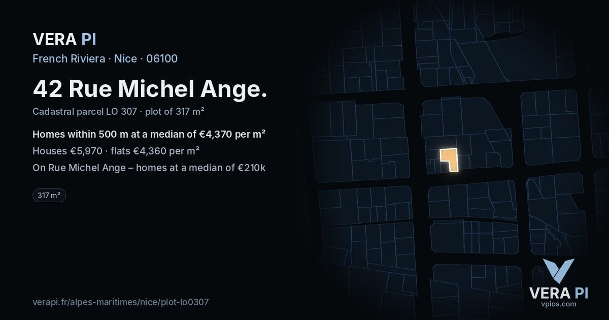 42 Rue Michel Ange, Nice at night – the plot lit, the parcels around coloured by the prices near them