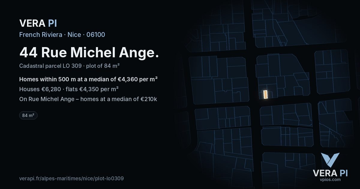 44 Rue Michel Ange, Nice at night – the plot lit, the parcels around coloured by the prices near them