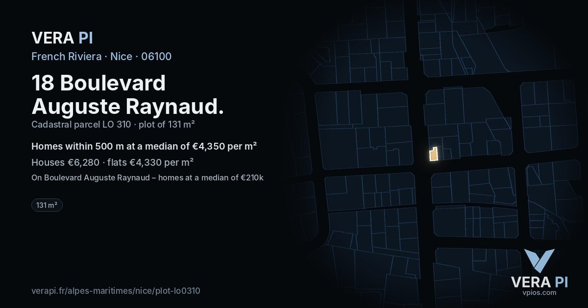 18 Boulevard Auguste Raynaud, Nice at night – the plot lit, the parcels around coloured by the prices near them