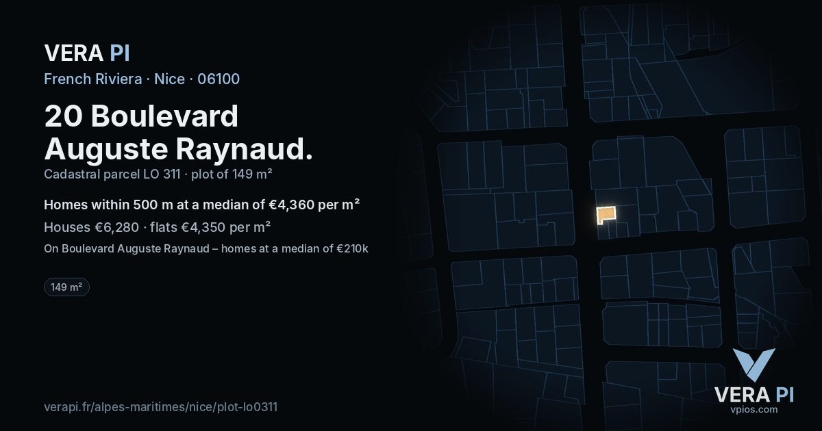 20 Boulevard Auguste Raynaud, Nice at night – the plot lit, the parcels around coloured by the prices near them