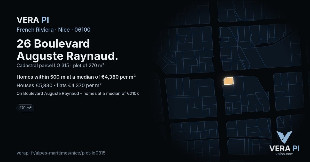 26 Boulevard Auguste Raynaud, Nice at night – the plot lit, the parcels around coloured by the prices near them