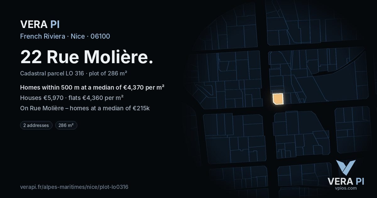 22 Rue Molière, Nice at night – the plot lit, the parcels around coloured by the prices near them