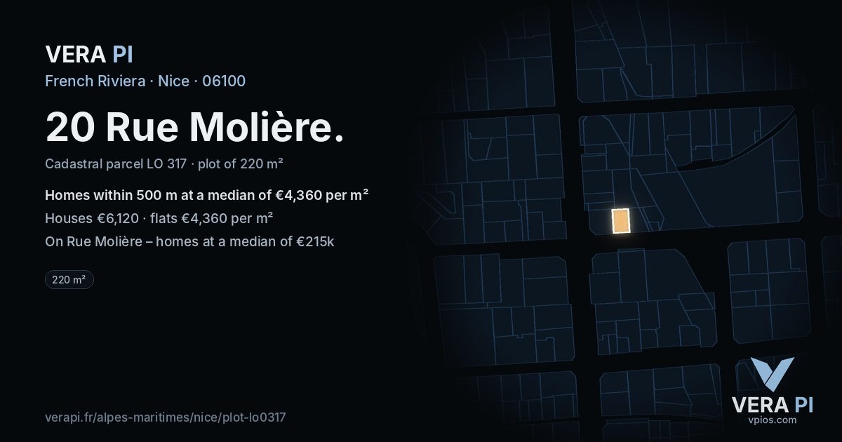 20 Rue Molière, Nice at night – the plot lit, the parcels around coloured by the prices near them