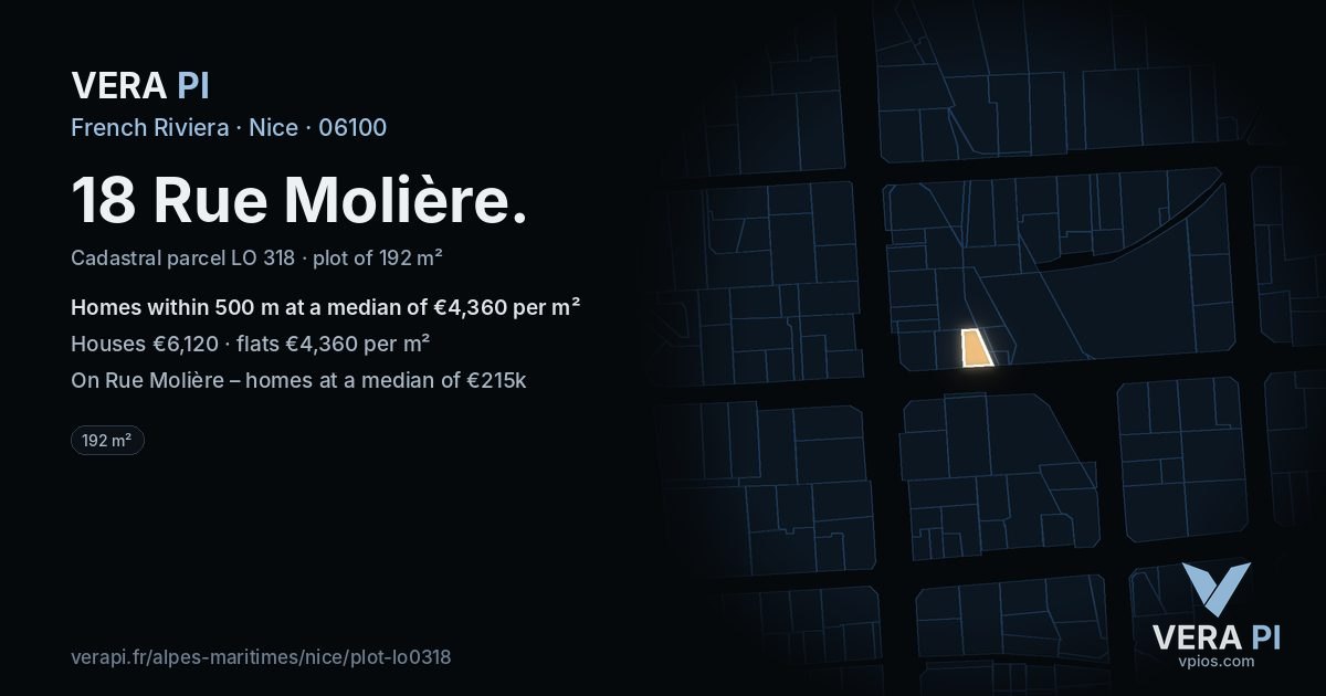 18 Rue Molière, Nice at night – the plot lit, the parcels around coloured by the prices near them