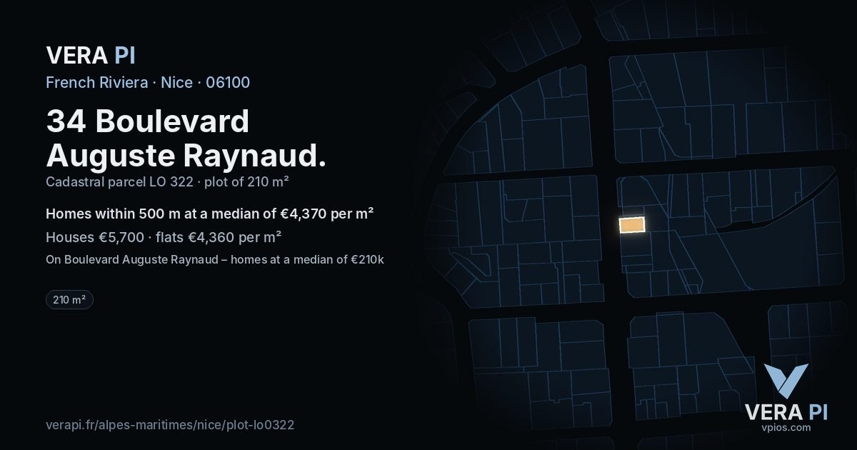 34 Boulevard Auguste Raynaud, Nice at night – the plot lit, the parcels around coloured by the prices near them