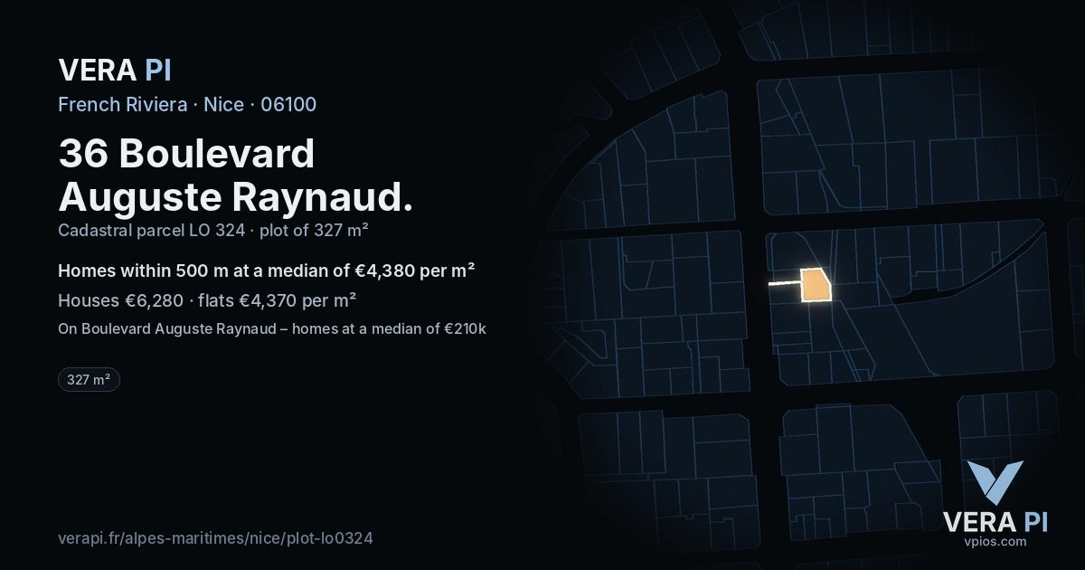 36 Boulevard Auguste Raynaud, Nice at night – the plot lit, the parcels around coloured by the prices near them