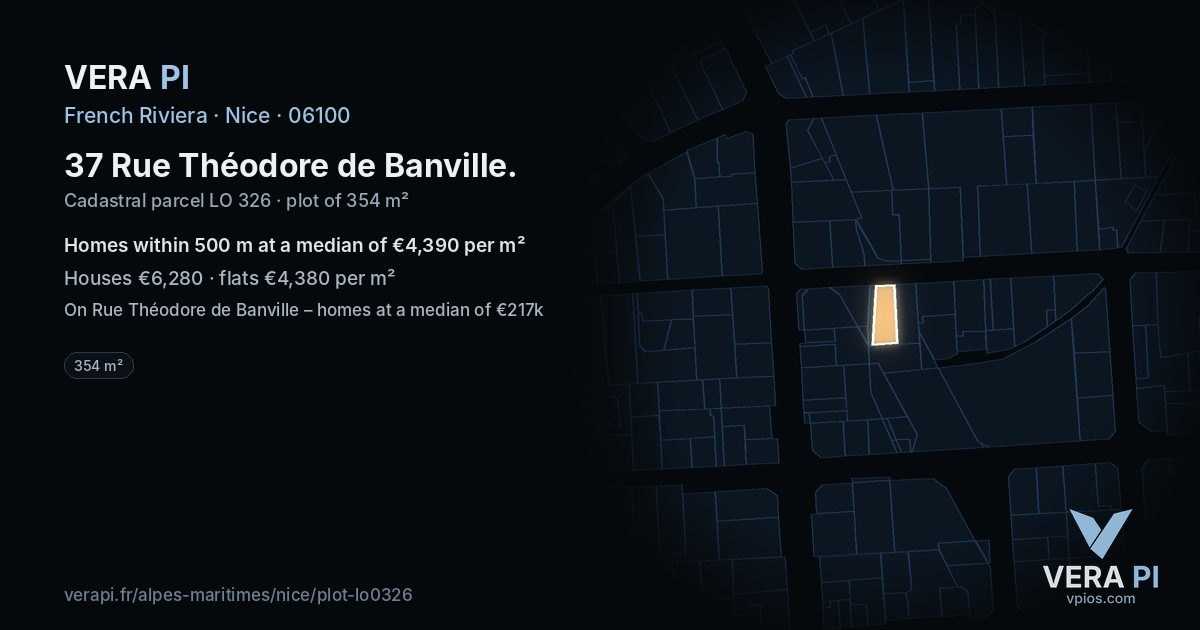 37 Rue Théodore de Banville, Nice at night – the plot lit, the parcels around coloured by the prices near them