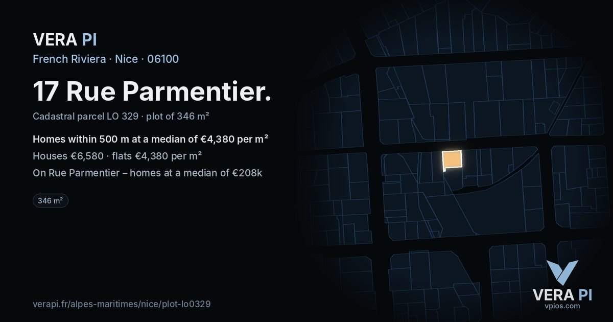 17 Rue Parmentier, Nice at night – the plot lit, the parcels around coloured by the prices near them
