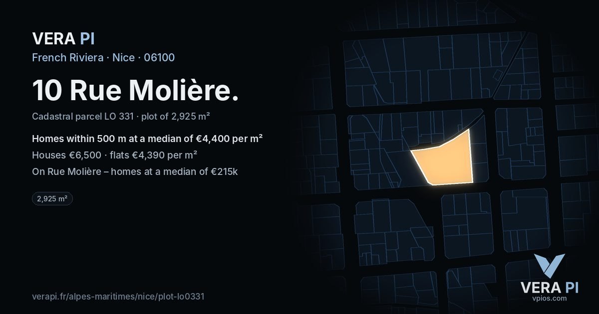 10 Rue Molière, Nice at night – the plot lit, the parcels around coloured by the prices near them