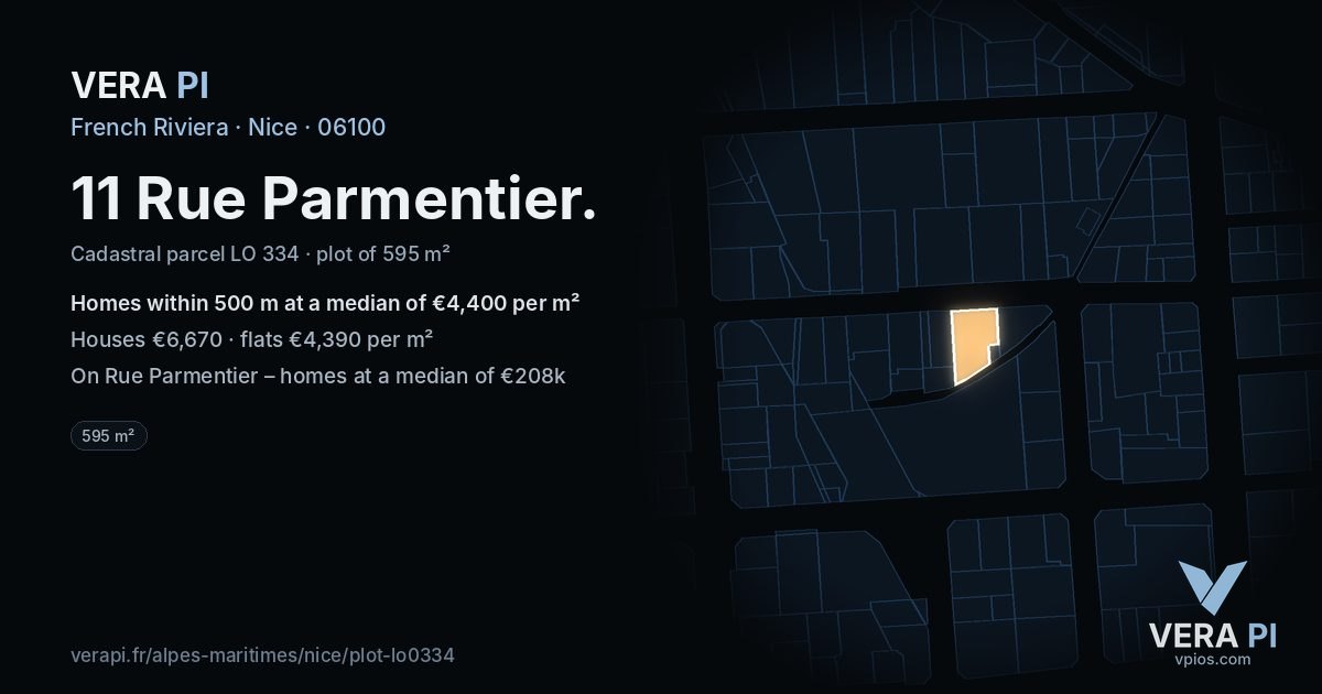 11 Rue Parmentier, Nice at night – the plot lit, the parcels around coloured by the prices near them