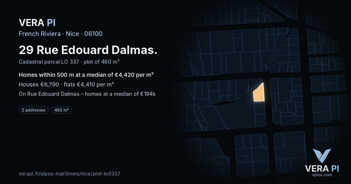 29 Rue Edouard Dalmas, Nice at night – the plot lit, the parcels around coloured by the prices near them