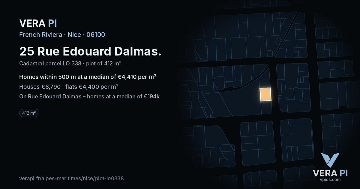 25 Rue Edouard Dalmas, Nice at night – the plot lit, the parcels around coloured by the prices near them