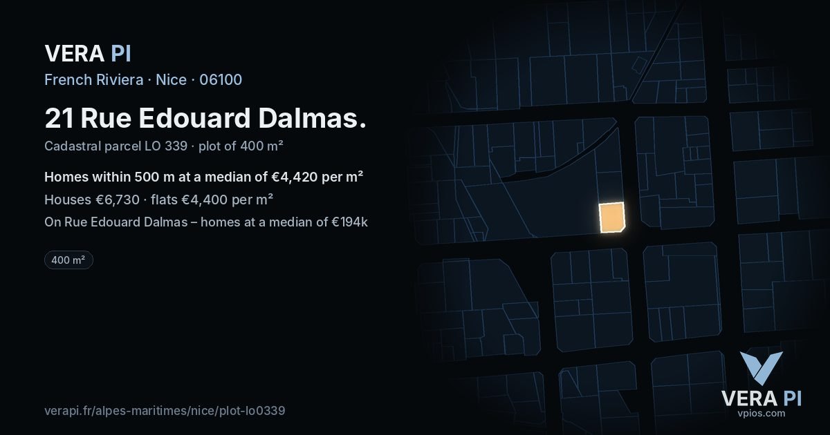 21 Rue Edouard Dalmas, Nice at night – the plot lit, the parcels around coloured by the prices near them