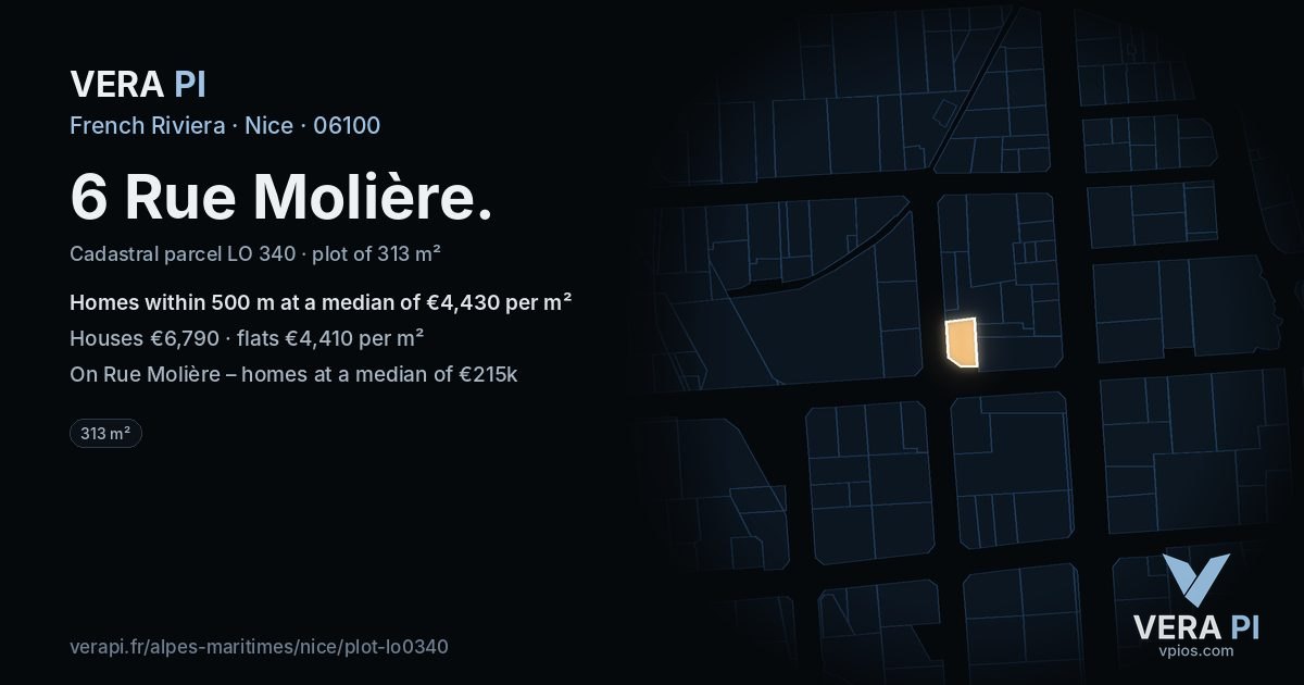 6 Rue Molière, Nice at night – the plot lit, the parcels around coloured by the prices near them