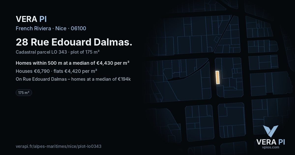 28 Rue Edouard Dalmas, Nice at night – the plot lit, the parcels around coloured by the prices near them
