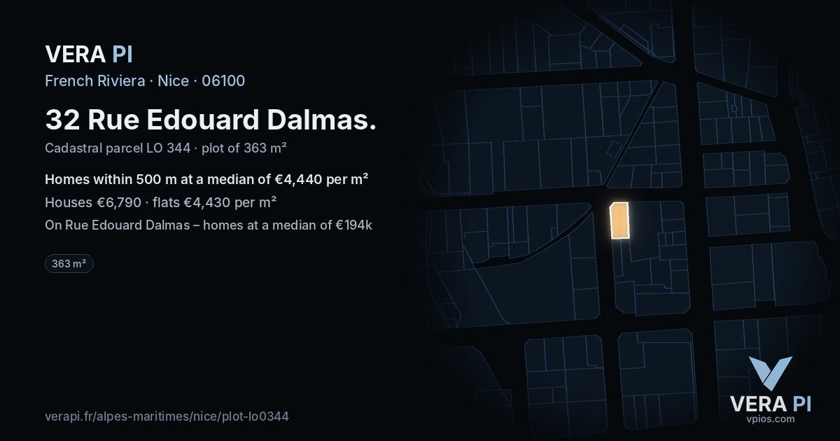 32 Rue Edouard Dalmas, Nice at night – the plot lit, the parcels around coloured by the prices near them
