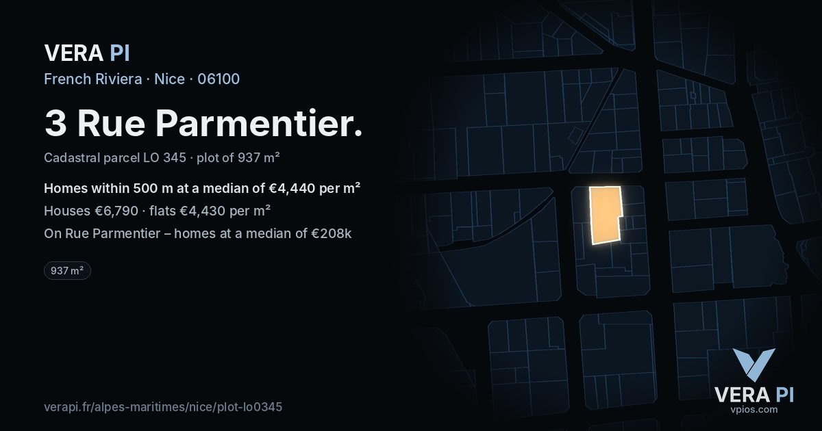 3 Rue Parmentier, Nice at night – the plot lit, the parcels around coloured by the prices near them