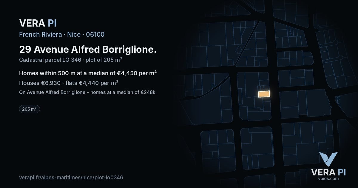 29 Avenue Alfred Borriglione, Nice at night – the plot lit, the parcels around coloured by the prices near them