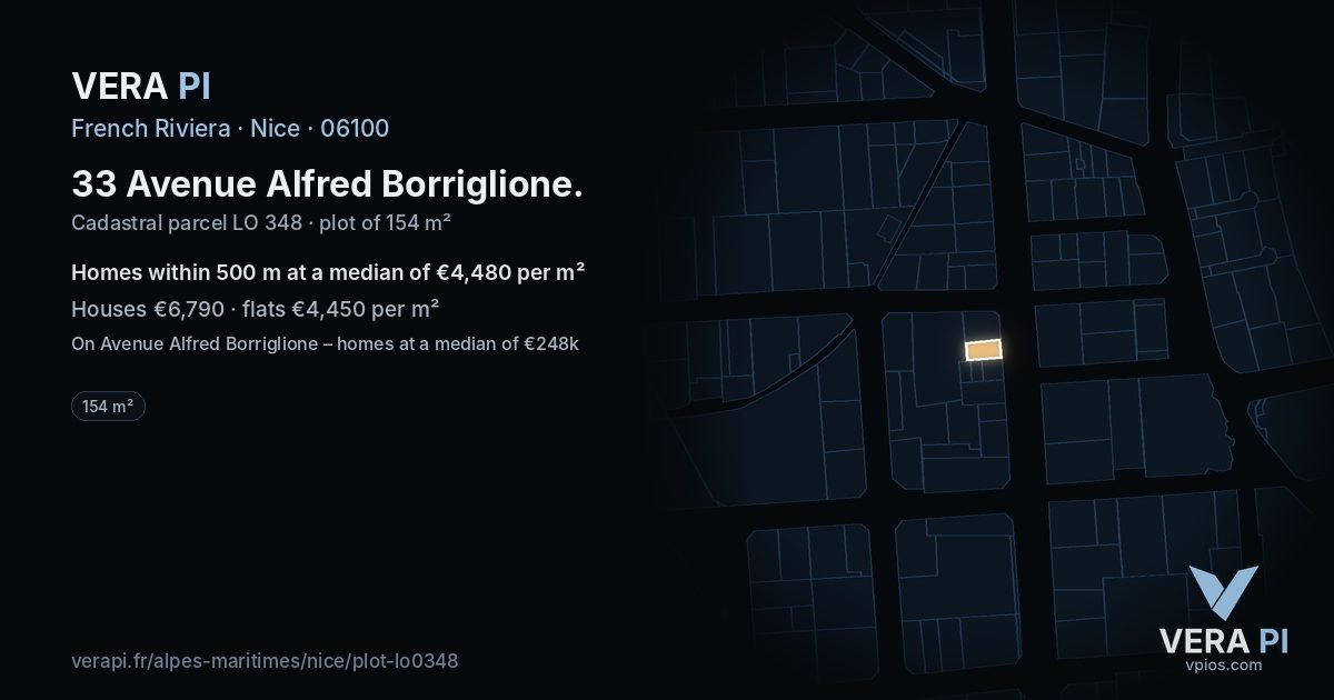 33 Avenue Alfred Borriglione, Nice at night – the plot lit, the parcels around coloured by the prices near them