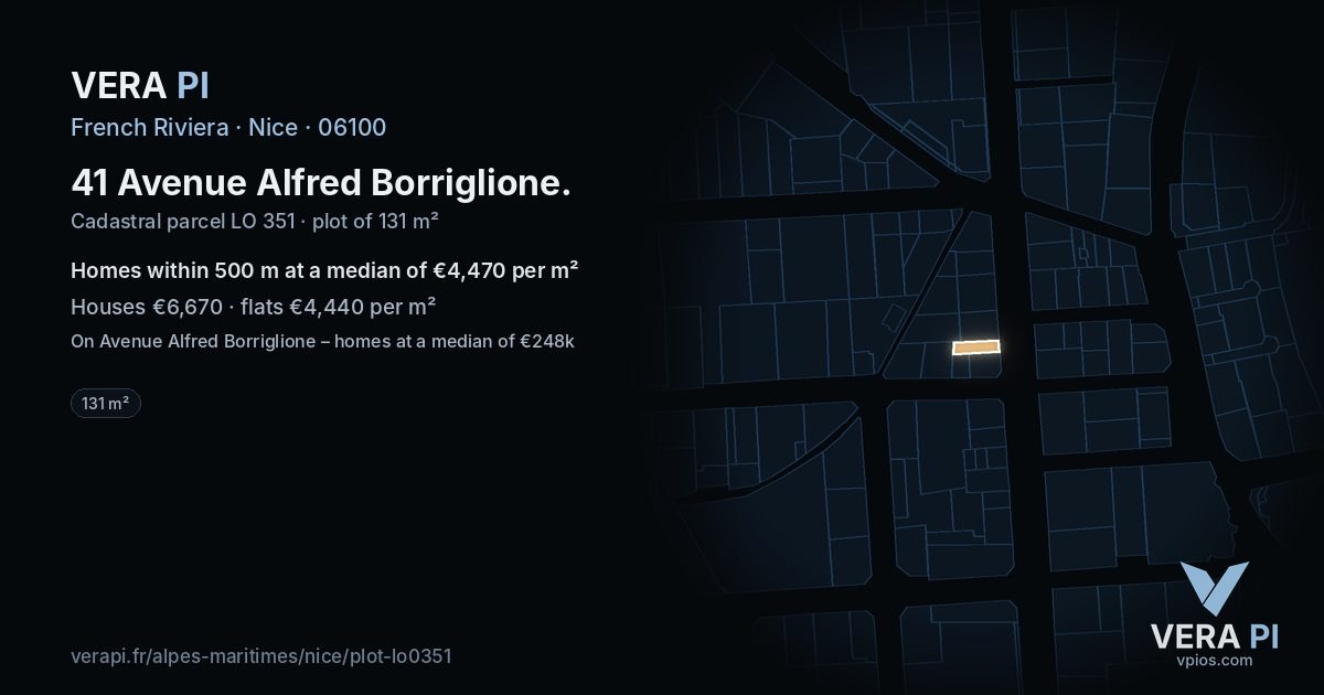 41 Avenue Alfred Borriglione, Nice at night – the plot lit, the parcels around coloured by the prices near them