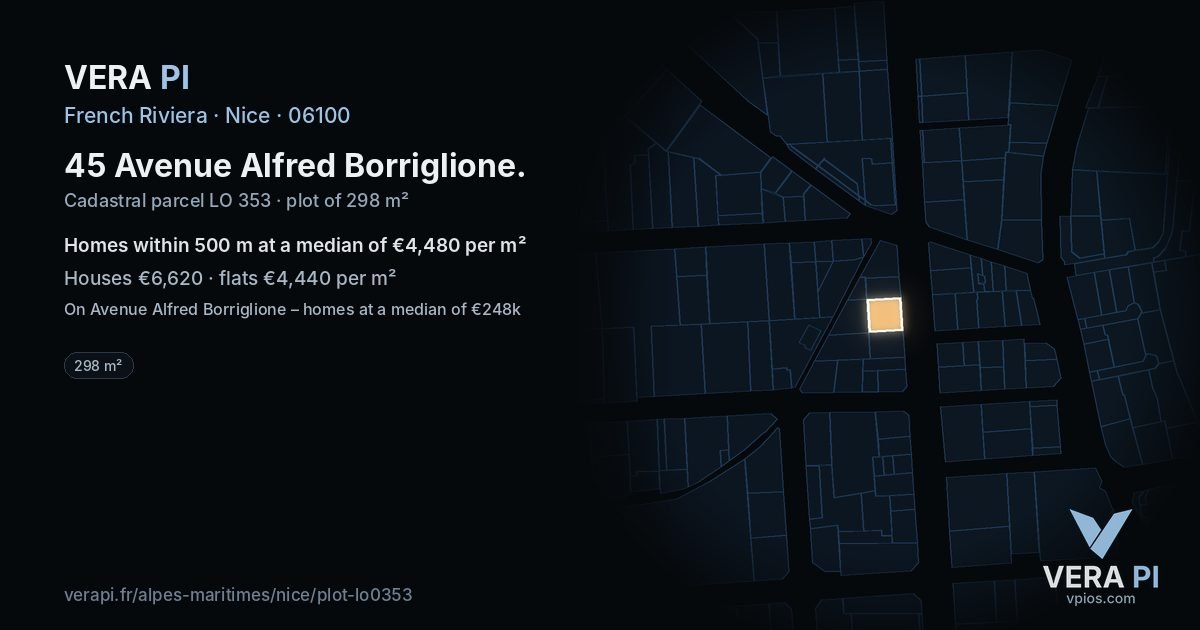 45 Avenue Alfred Borriglione, Nice at night – the plot lit, the parcels around coloured by the prices near them