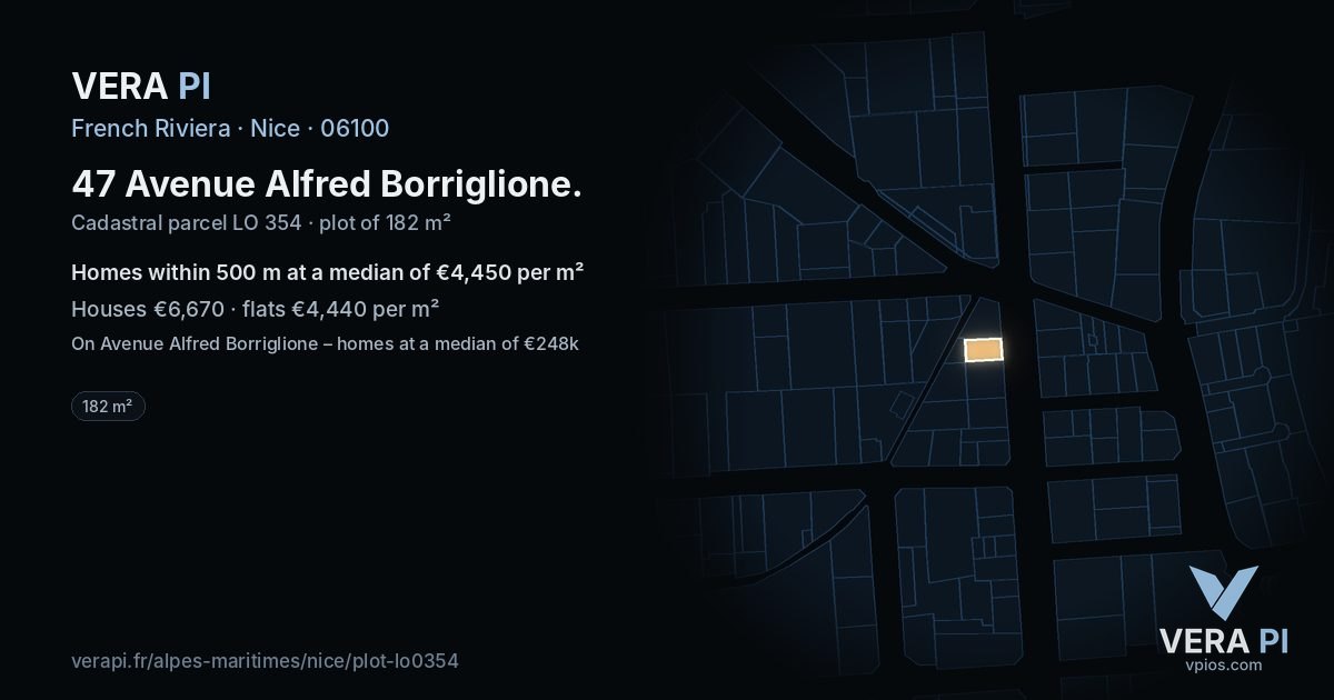 47 Avenue Alfred Borriglione, Nice at night – the plot lit, the parcels around coloured by the prices near them