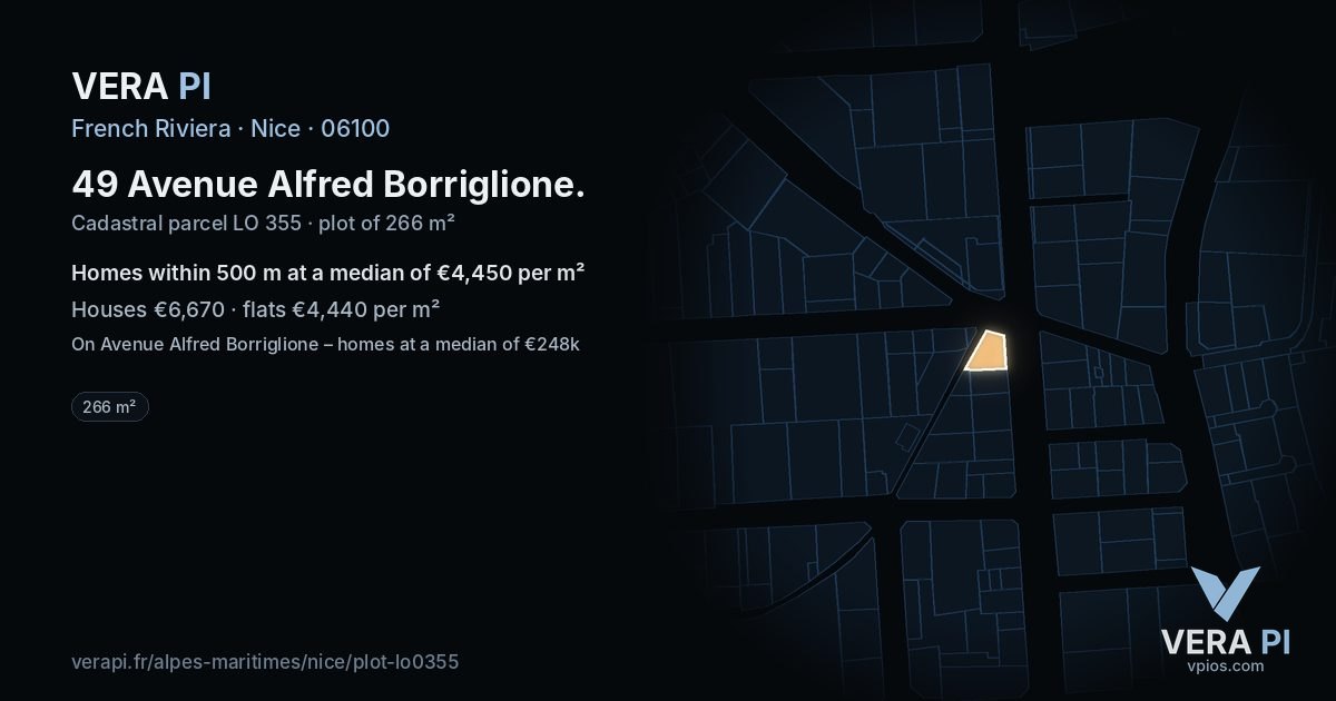 49 Avenue Alfred Borriglione, Nice at night – the plot lit, the parcels around coloured by the prices near them