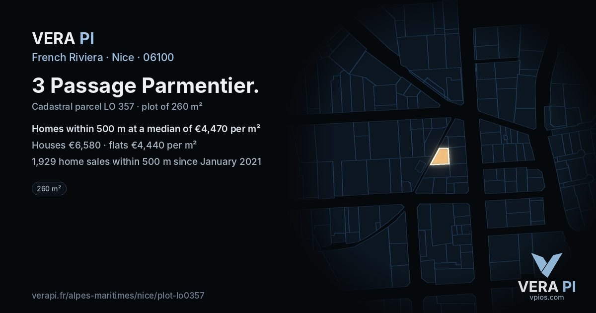 3 Passage Parmentier, Nice at night – the plot lit, the parcels around coloured by the prices near them