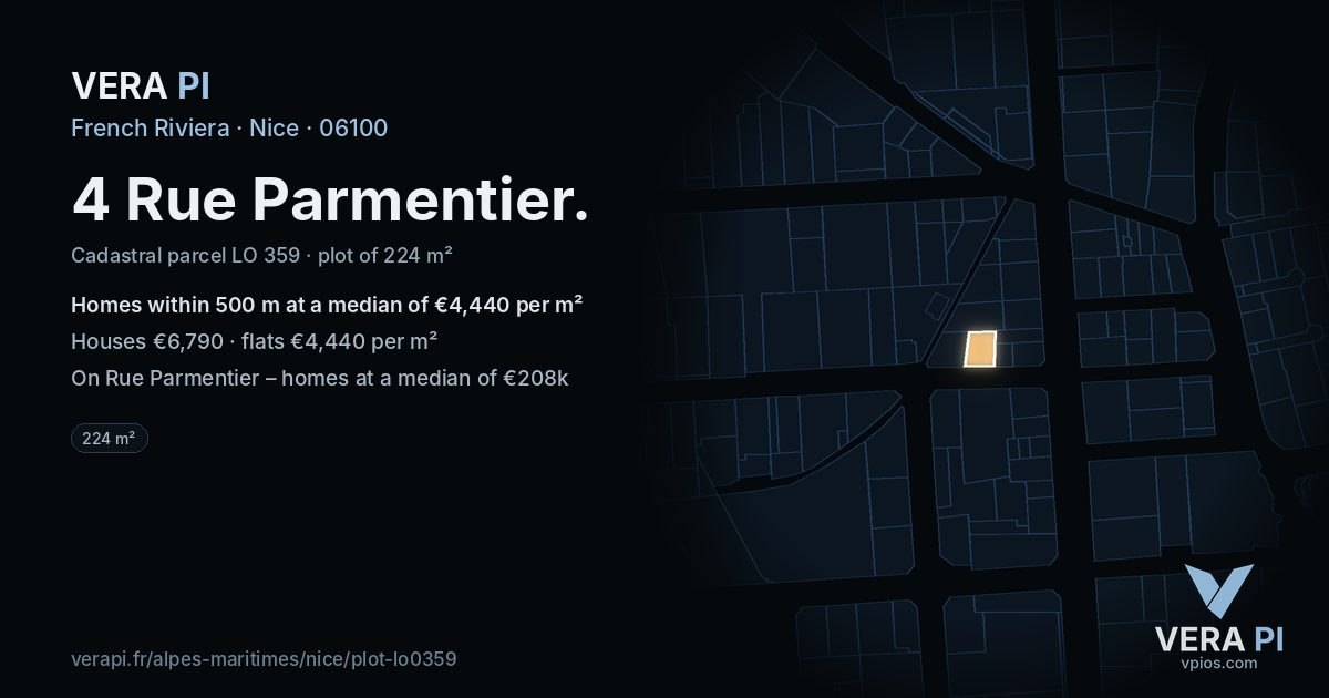 4 Rue Parmentier, Nice at night – the plot lit, the parcels around coloured by the prices near them