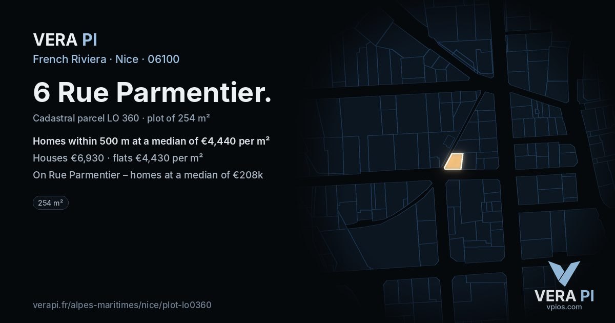 6 Rue Parmentier, Nice at night – the plot lit, the parcels around coloured by the prices near them